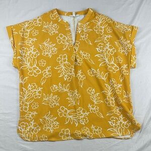 Women’s Mustard Yellow Floral Split V-Neck Blouse